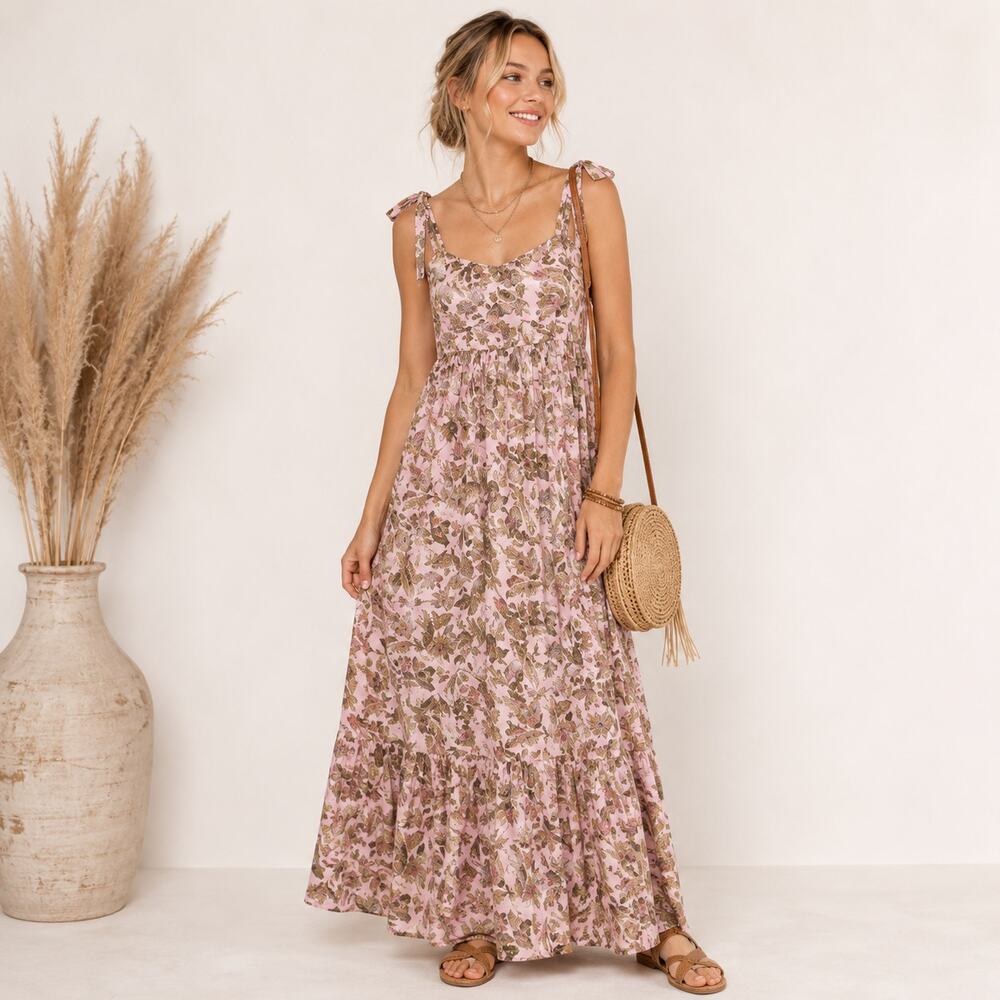 Amalie The Label Kai Double Tie Back Maxi Dress Sz 8 Flowy Cottagecore Romantic